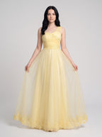 Daffodil Tulle A-Line One Shoulder Back Zip Floor-Length Dress with Lace Appliques - Curvevia