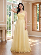 Daffodil Tulle A-Line One Shoulder Back Zip Floor-Length Dress with Lace Appliques - Curvevia