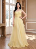 Daffodil Tulle A-Line One Shoulder Back Zip Floor-Length Dress with Lace Appliques - Curvevia