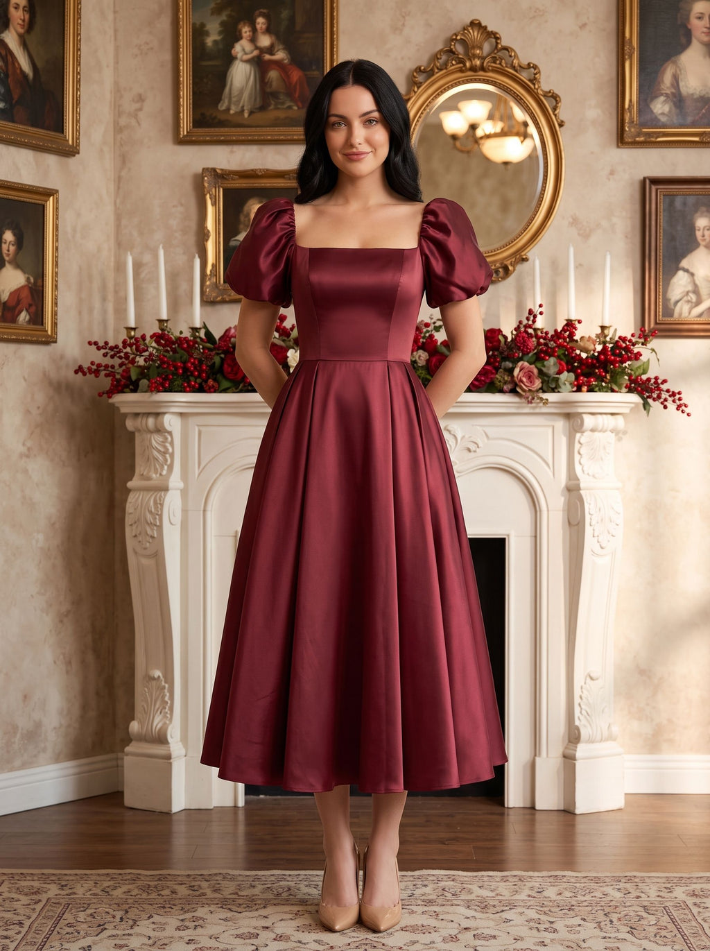 Burgundy Satin A-Line Square Neck Lace-up Ankle-Length Dress with Puff Sleeves & Ruched Bodice - Curvevia
