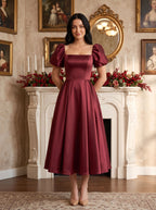 Burgundy Satin A-Line Square Neck Lace-up Ankle-Length Dress with Puff Sleeves & Ruched Bodice - Curvevia