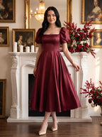 Burgundy Satin A-Line Square Neck Lace-up Ankle-Length Dress with Puff Sleeves & Ruched Bodice - Curvevia