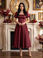 Burgundy Satin A-Line Square Neck Lace-up Ankle-Length Dress with Puff Sleeves & Ruched Bodice - Curvevia