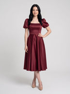 Burgundy Satin A-Line Square Neck Lace-up Ankle-Length Dress with Puff Sleeves & Ruched Bodice - Curvevia