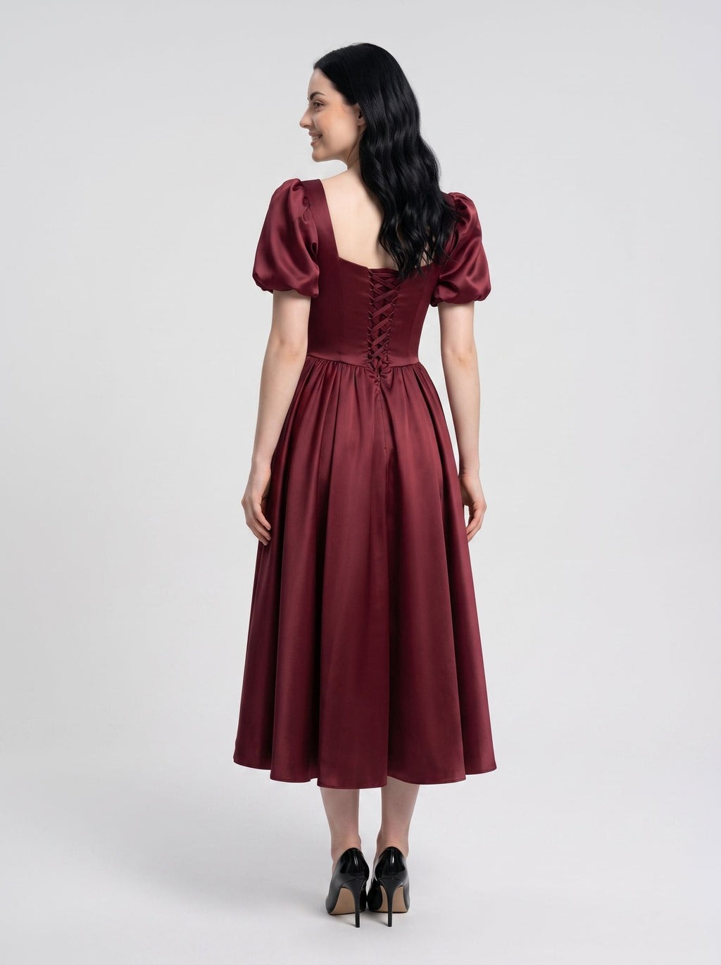 Burgundy Satin A-Line Square Neck Lace-up Ankle-Length Dress with Puff Sleeves & Ruched Bodice - Curvevia