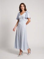 Dusty Blue Satin A-Line V-Neck Back Zip Floor-Length with Ribbon Straps - Curvevia