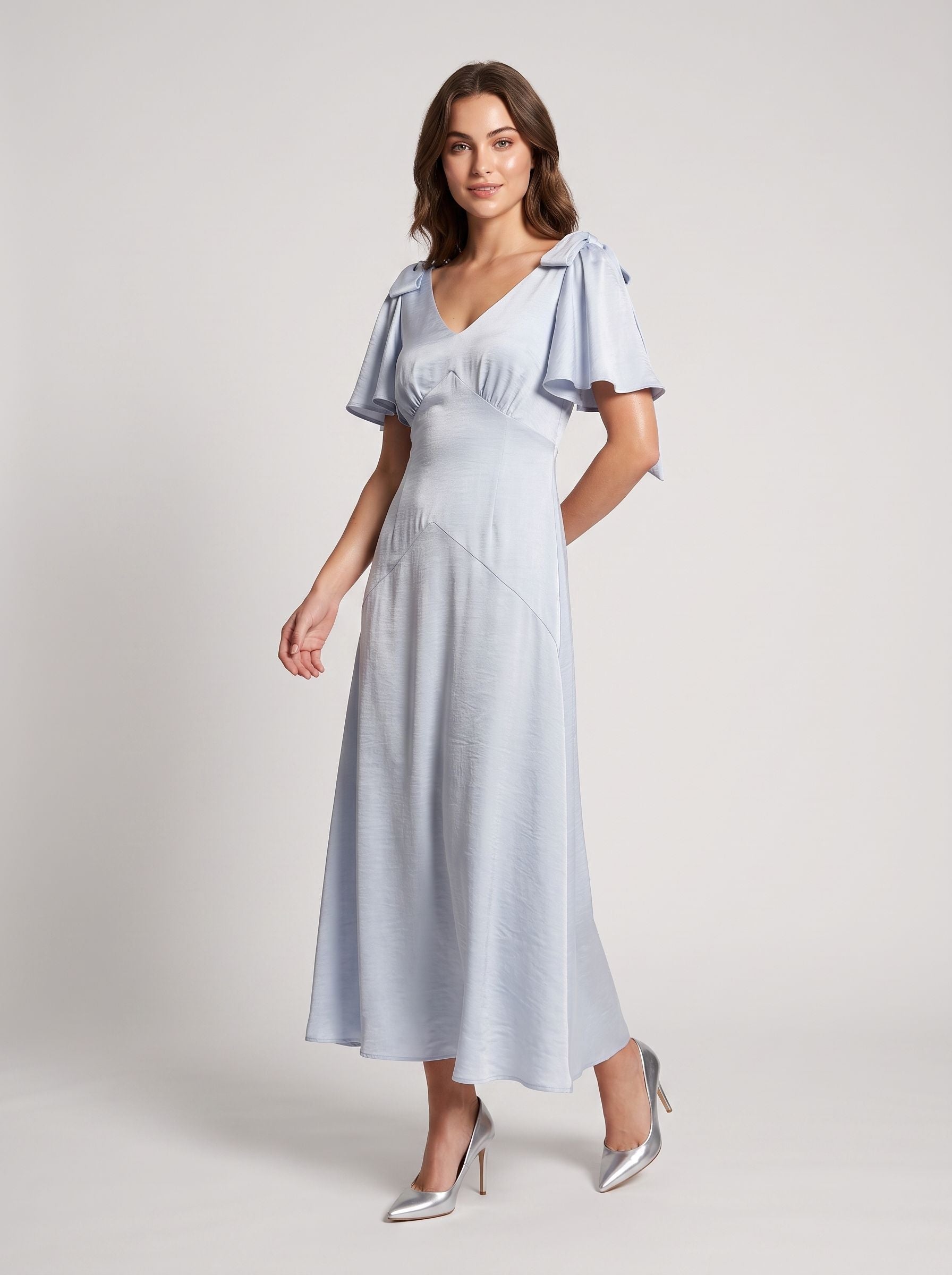 Dusty Blue Satin A-Line V-Neck Back Zip Floor-Length with Ribbon Straps - Curvevia