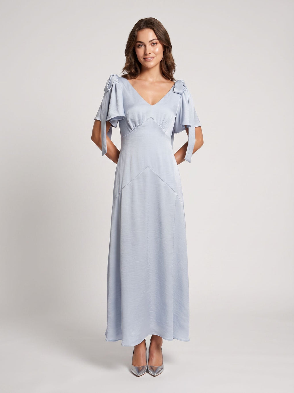 Dusty Blue Satin A-Line V-Neck Back Zip Floor-Length with Ribbon Straps - Curvevia