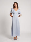 Dusty Blue Satin A-Line V-Neck Back Zip Floor-Length with Ribbon Straps - Curvevia