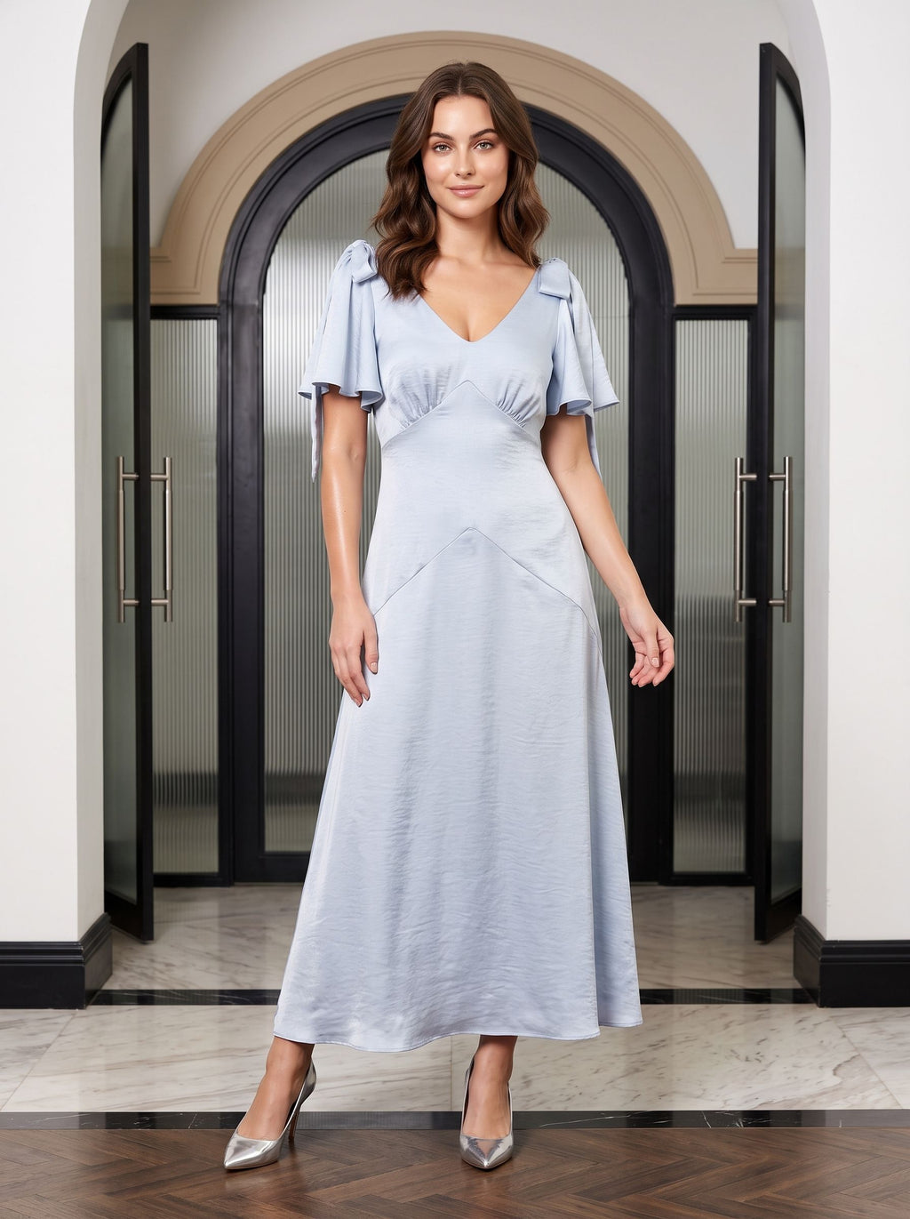 Dusty Blue Satin A-Line V-Neck Back Zip Floor-Length with Ribbon Straps - Curvevia