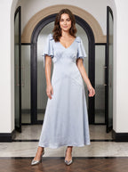 Dusty Blue Satin A-Line V-Neck Back Zip Floor-Length with Ribbon Straps - Curvevia