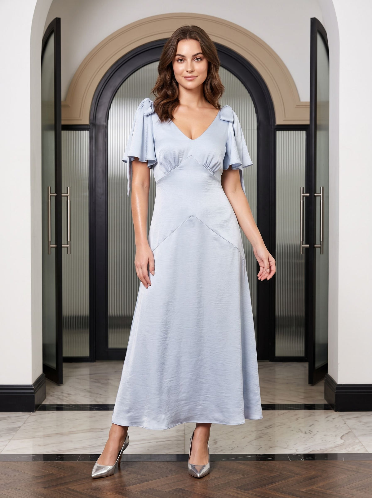 Dusty Blue Satin A-Line V-Neck Back Zip Floor-Length with Ribbon Straps - Curvevia