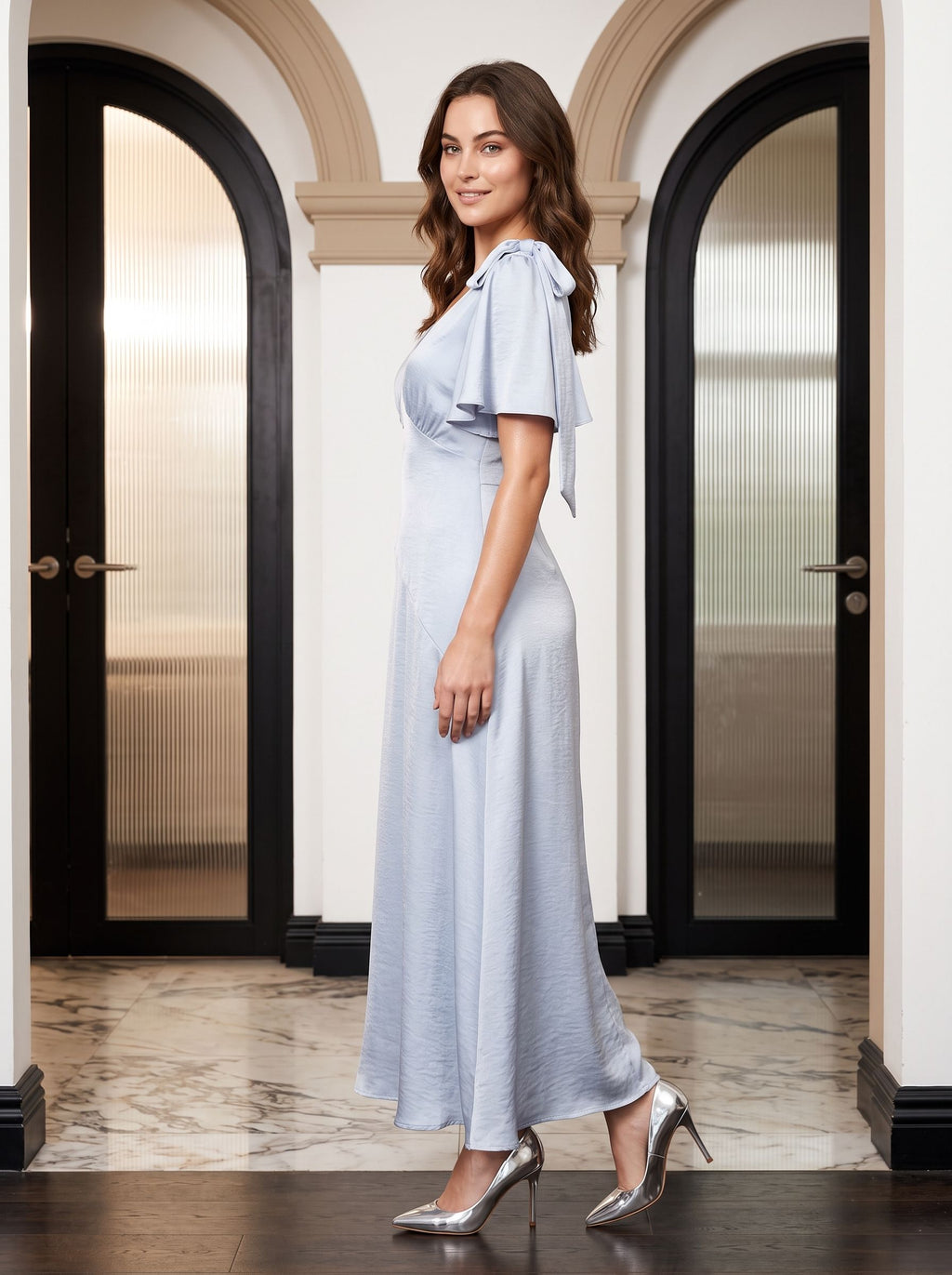 Dusty Blue Satin A-Line V-Neck Back Zip Floor-Length with Ribbon Straps - Curvevia