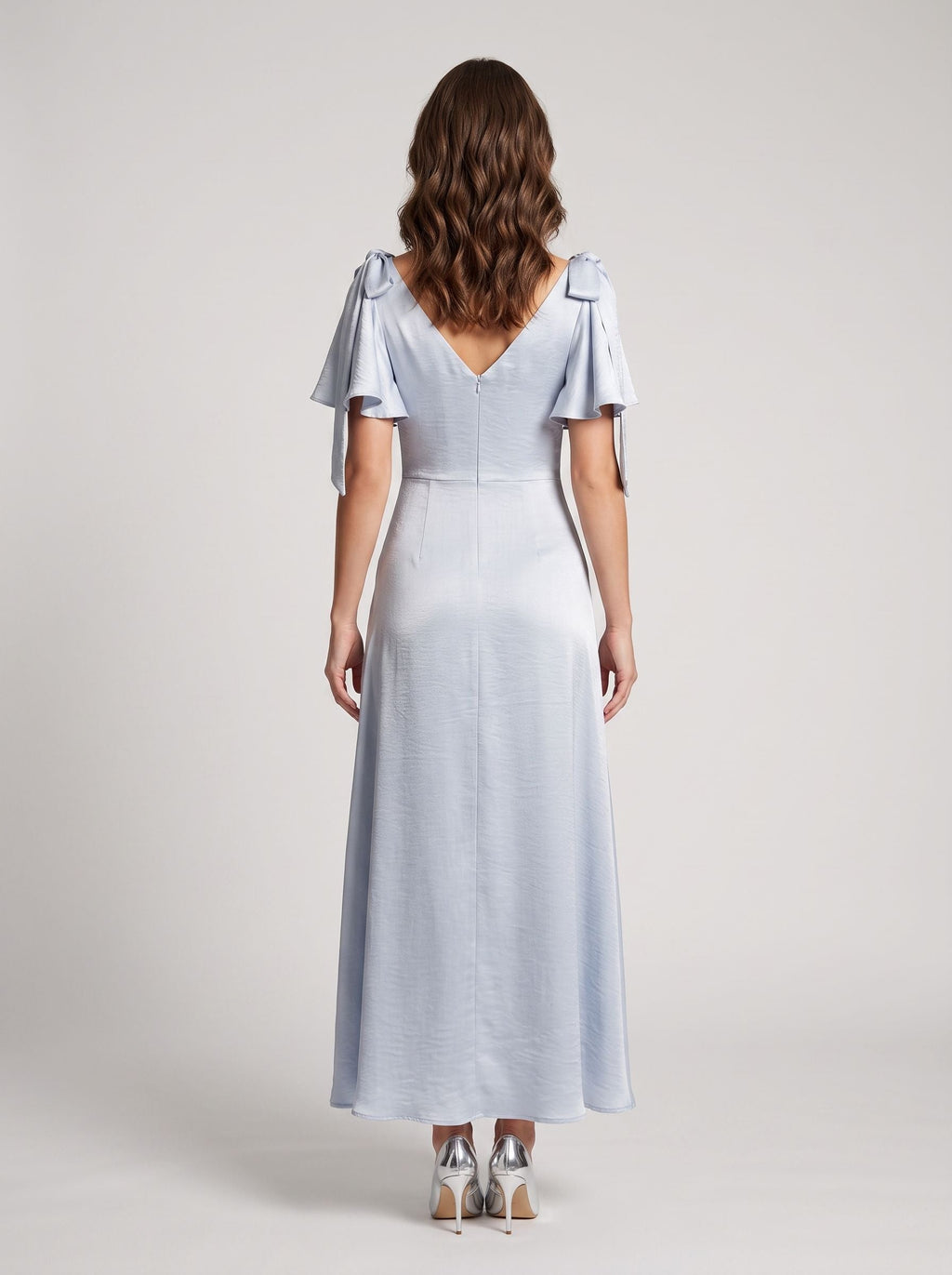 Dusty Blue Satin A-Line V-Neck Back Zip Floor-Length with Ribbon Straps - Curvevia