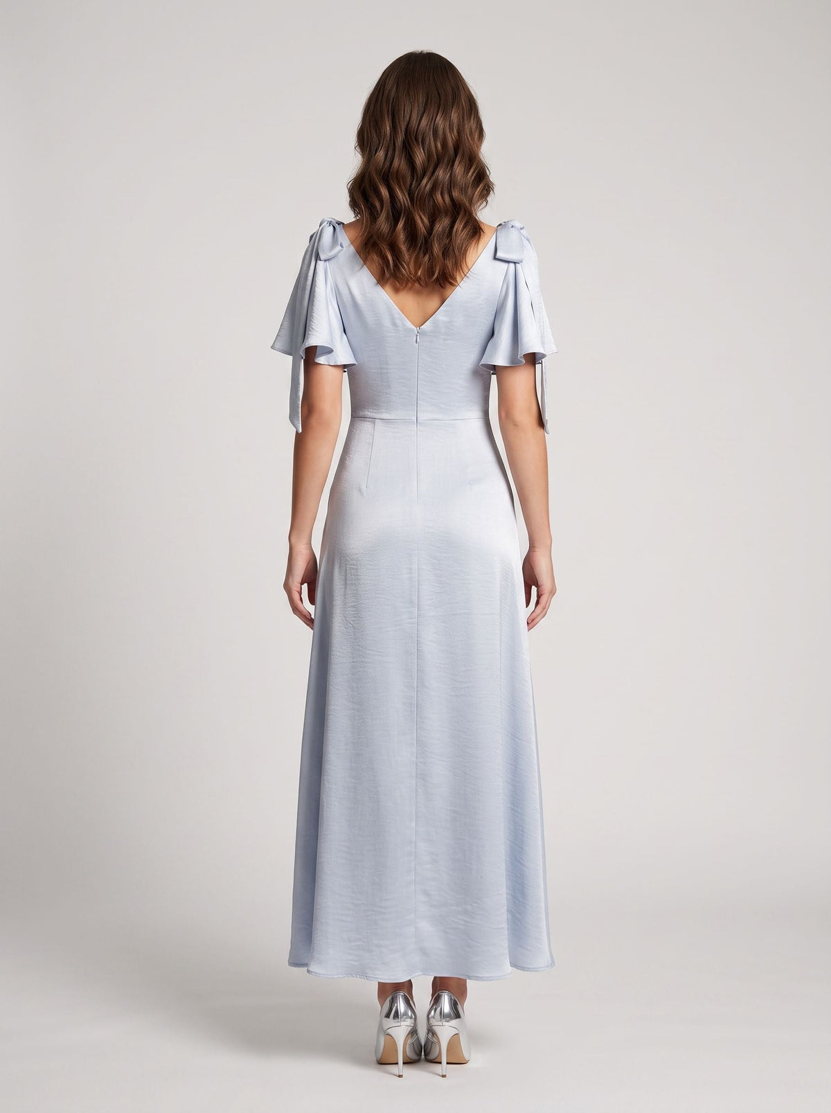 Dusty Blue Satin A-Line V-Neck Back Zip Floor-Length with Ribbon Straps - Curvevia