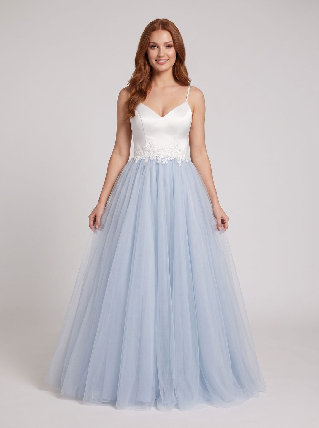 Mist Satin and Tulle A-Line V-Neck Back Zip Floor-Length Dress with Lace appliques - Curvevia