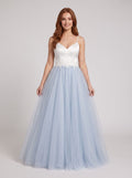 Mist Satin and Tulle A-Line V-Neck Back Zip Floor-Length Dress with Lace appliques - Curvevia