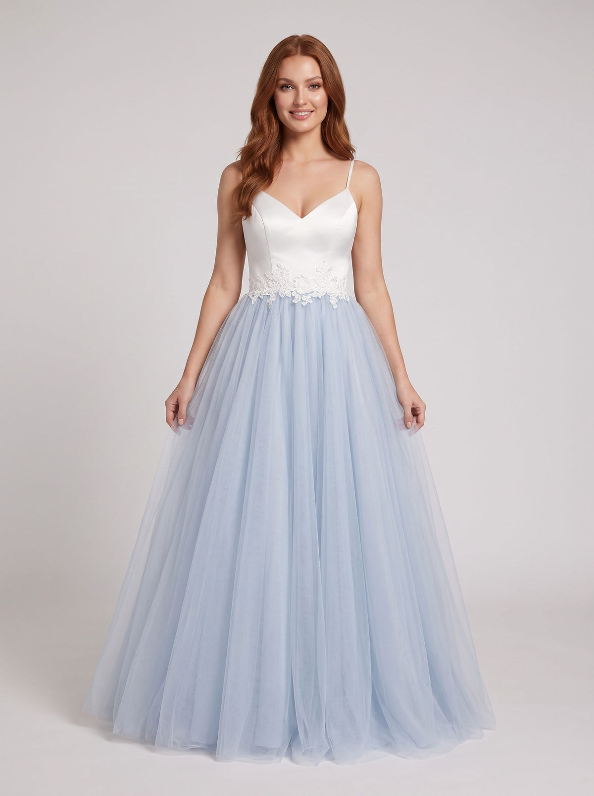 Mist Satin and Tulle A-Line V-Neck Back Zip Floor-Length Dress with Lace appliques - Curvevia