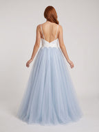 Mist Satin and Tulle A-Line V-Neck Back Zip Floor-Length Dress with Lace appliques - Curvevia