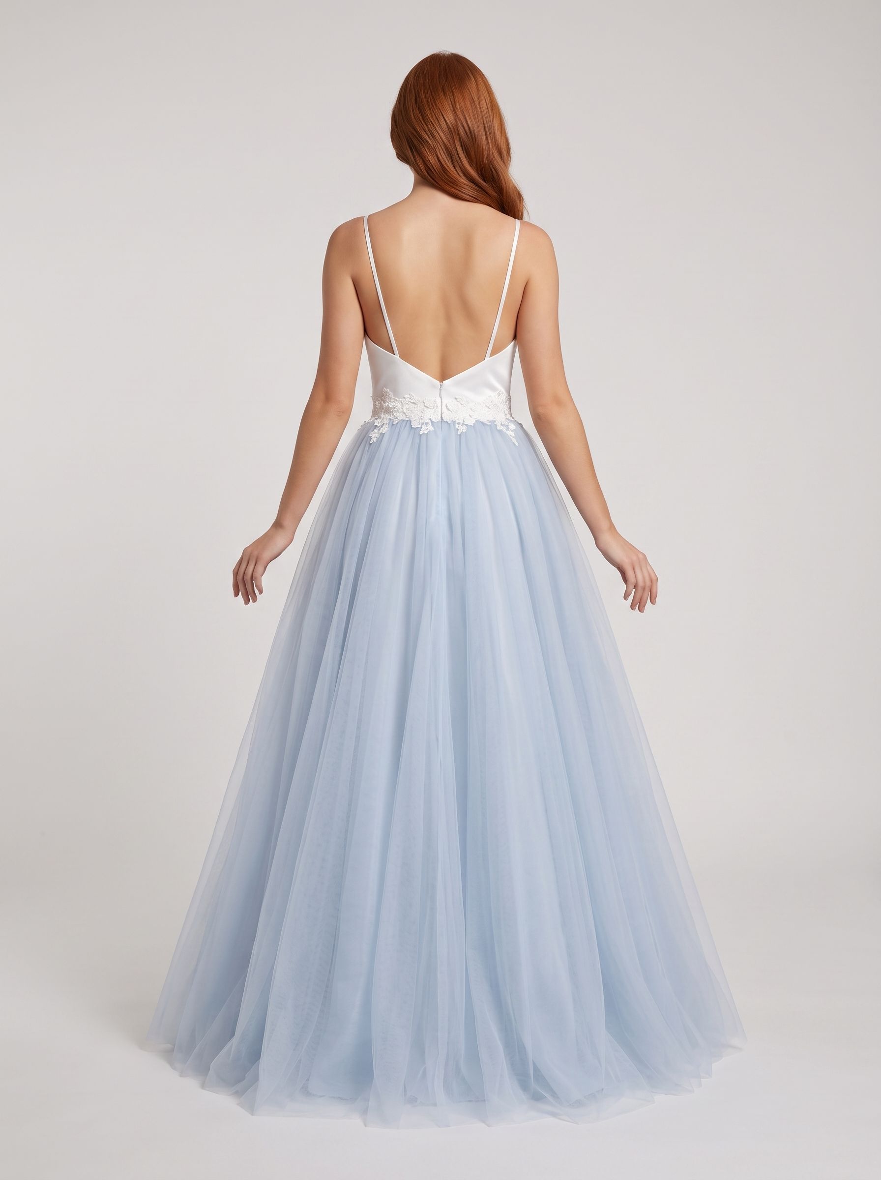Mist Satin and Tulle A-Line V-Neck Back Zip Floor-Length Dress with Lace appliques - Curvevia