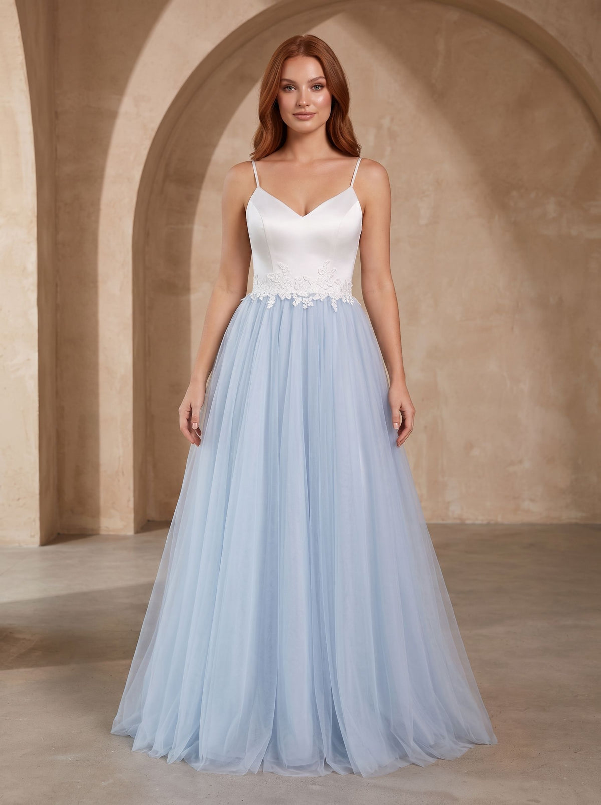 Mist Satin and Tulle A-Line V-Neck Back Zip Floor-Length Dress with Lace appliques - Curvevia