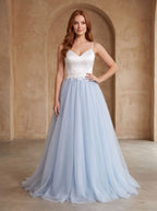 Mist Satin and Tulle A-Line V-Neck Back Zip Floor-Length Dress with Lace appliques - Curvevia