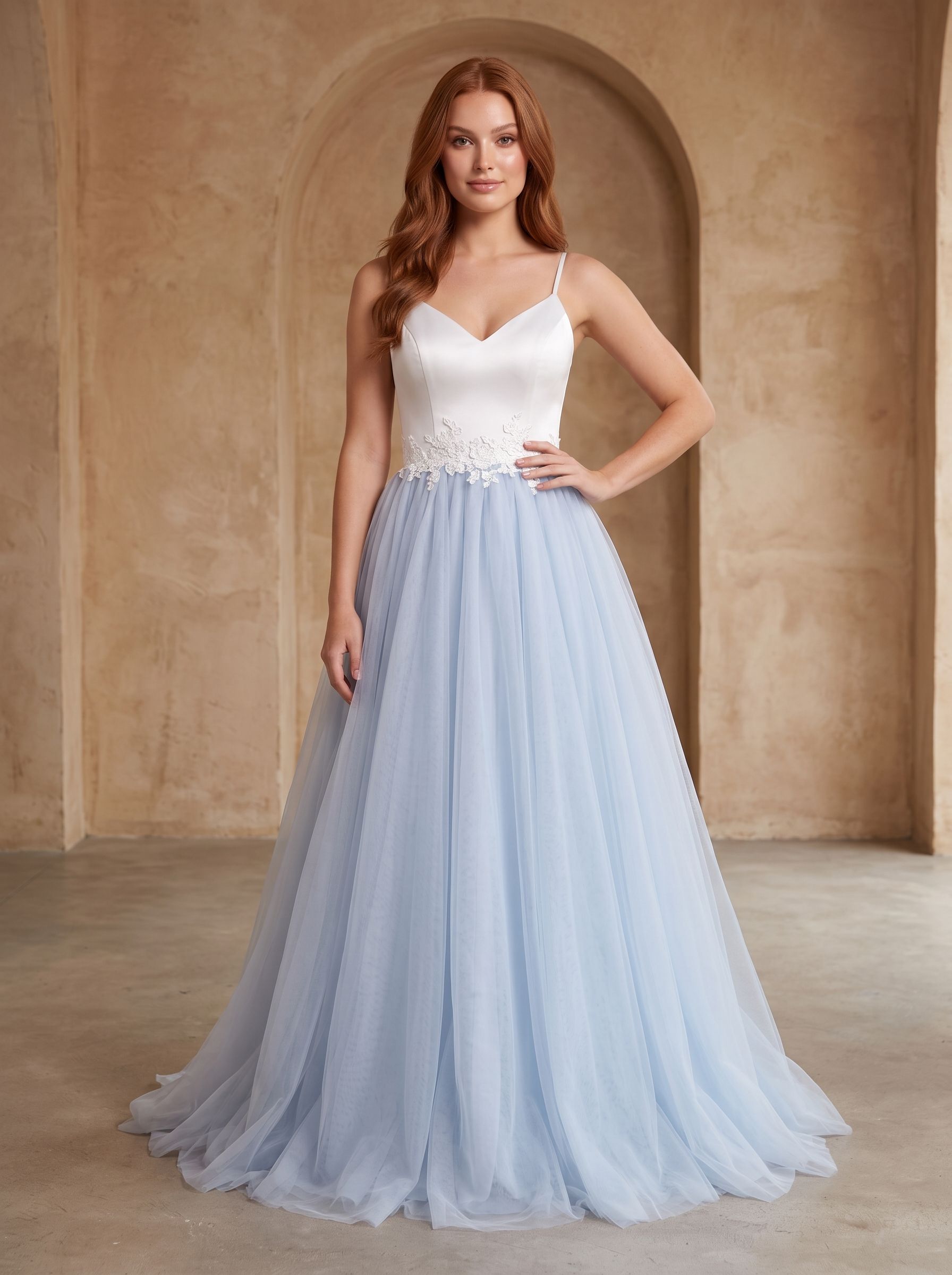Mist Satin and Tulle A-Line V-Neck Back Zip Floor-Length Dress with Lace appliques - Curvevia