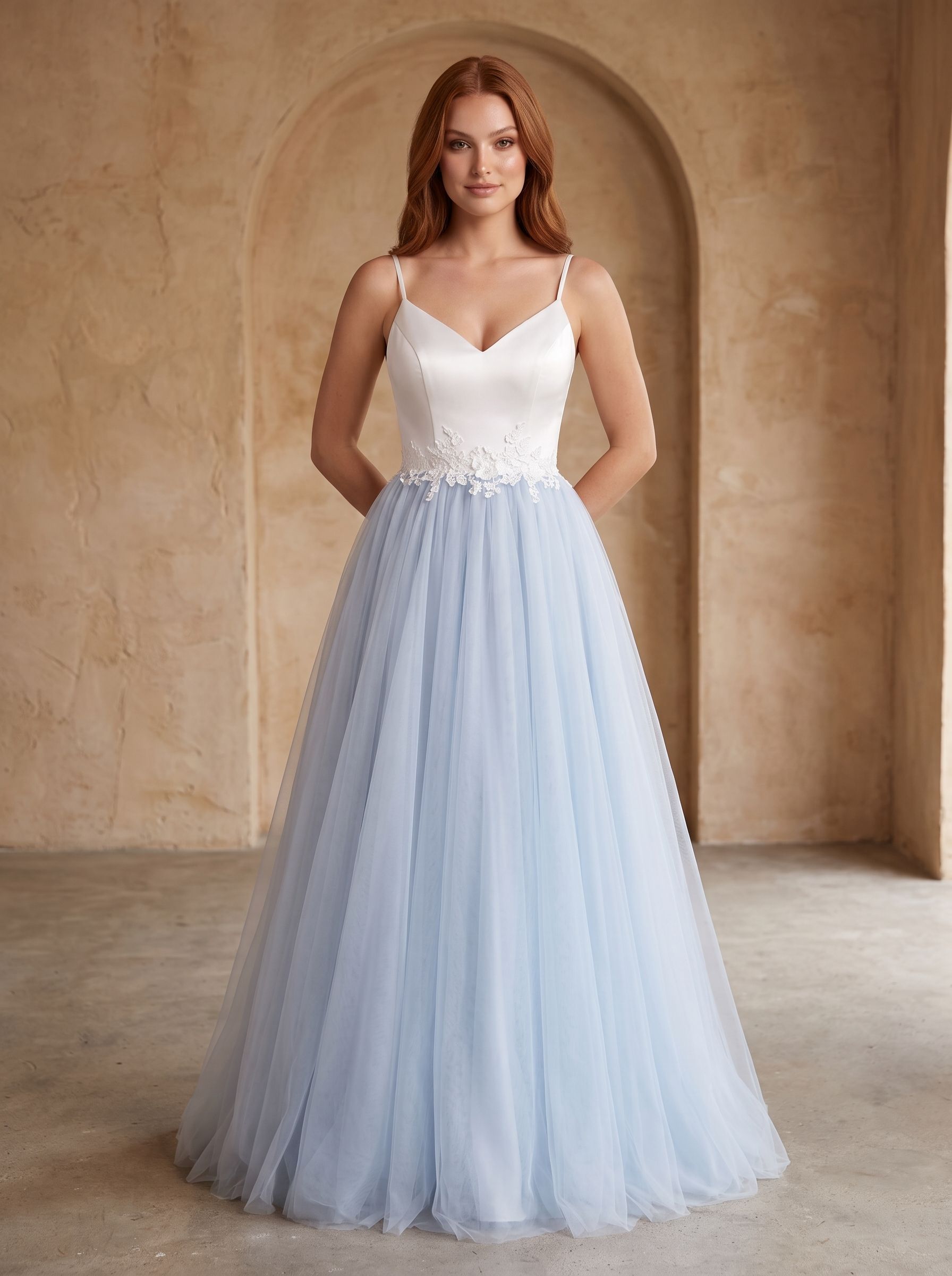 Mist Satin and Tulle A-Line V-Neck Back Zip Floor-Length Dress with Lace appliques - Curvevia