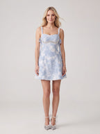 Blue Satin A-Line Sweetheart Back Zip Mini Dress with Beaded Neckline and Lace Overlay - Curvevia