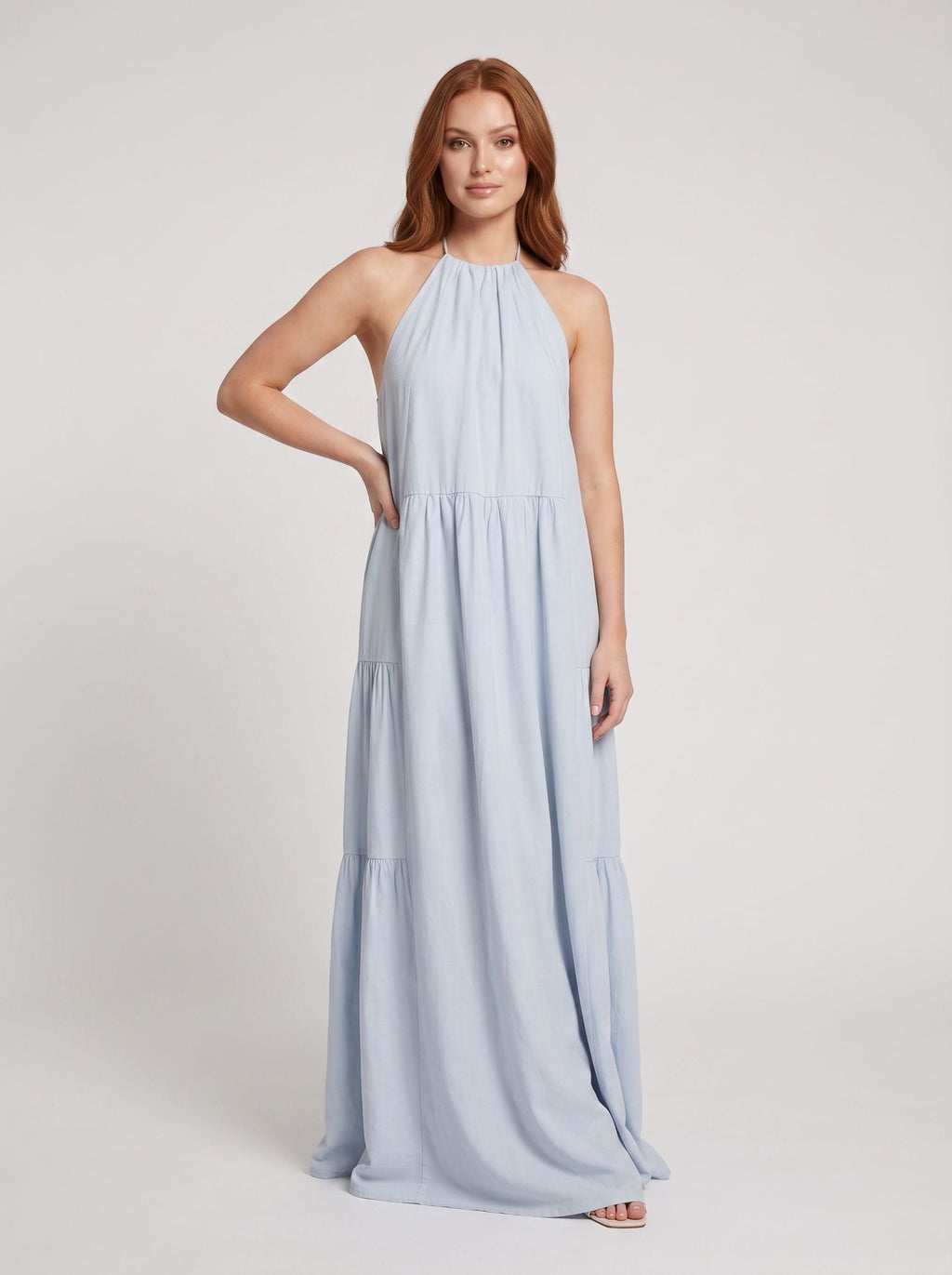 Mist Satin A-Line Halter neckline Backless Floor-Length Dress with Adjustable Tie - Curvevia