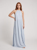 Mist Satin A-Line Halter neckline Backless Floor-Length Dress with Adjustable Tie - Curvevia