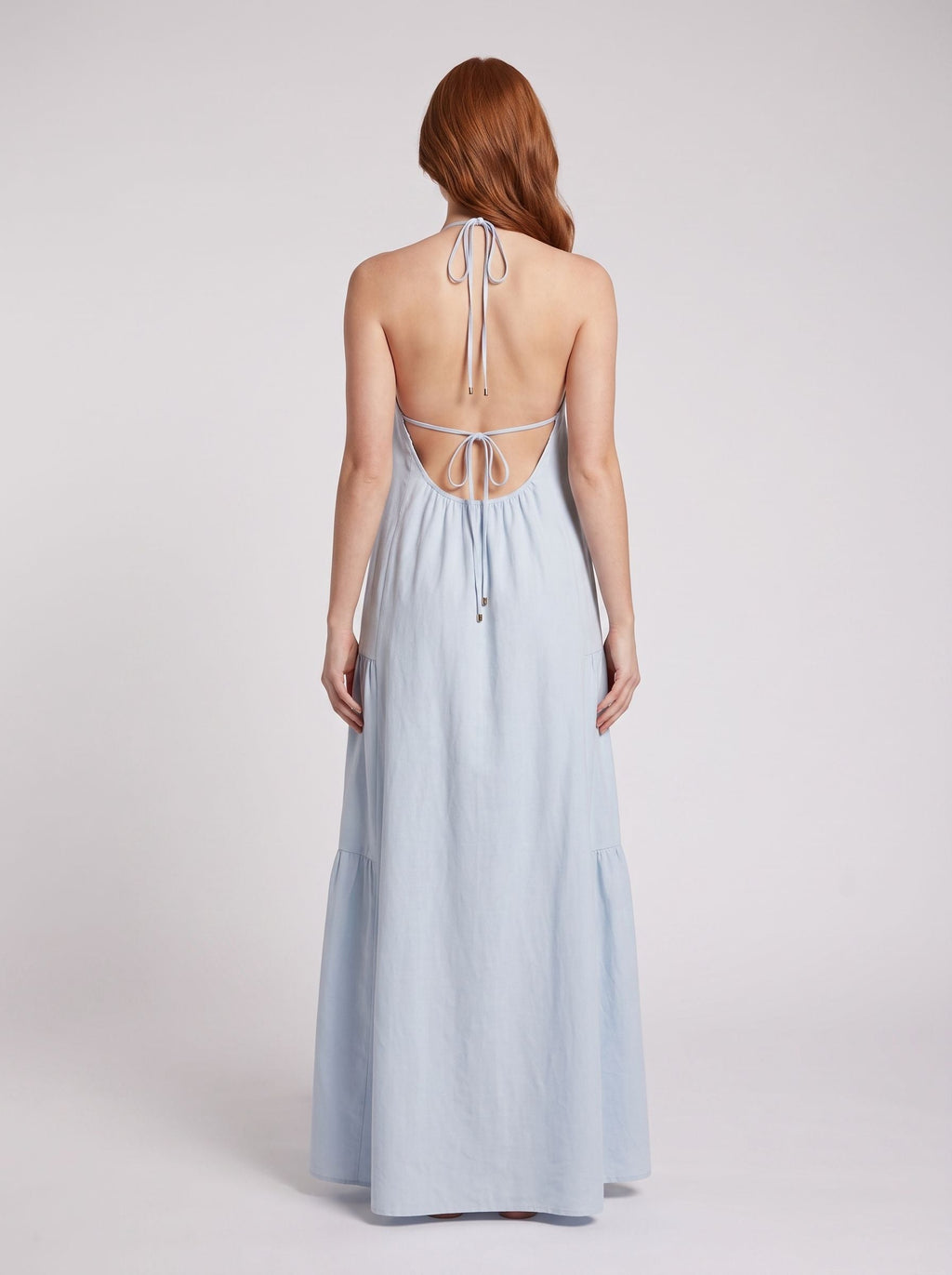 Mist Satin A-Line Halter neckline Backless Floor-Length Dress with Adjustable Tie - Curvevia