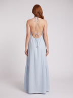 Mist Satin A-Line Halter neckline Backless Floor-Length Dress with Adjustable Tie - Curvevia