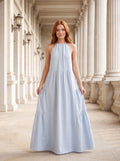Mist Satin A-Line Halter neckline Backless Floor-Length Dress with Adjustable Tie - Curvevia