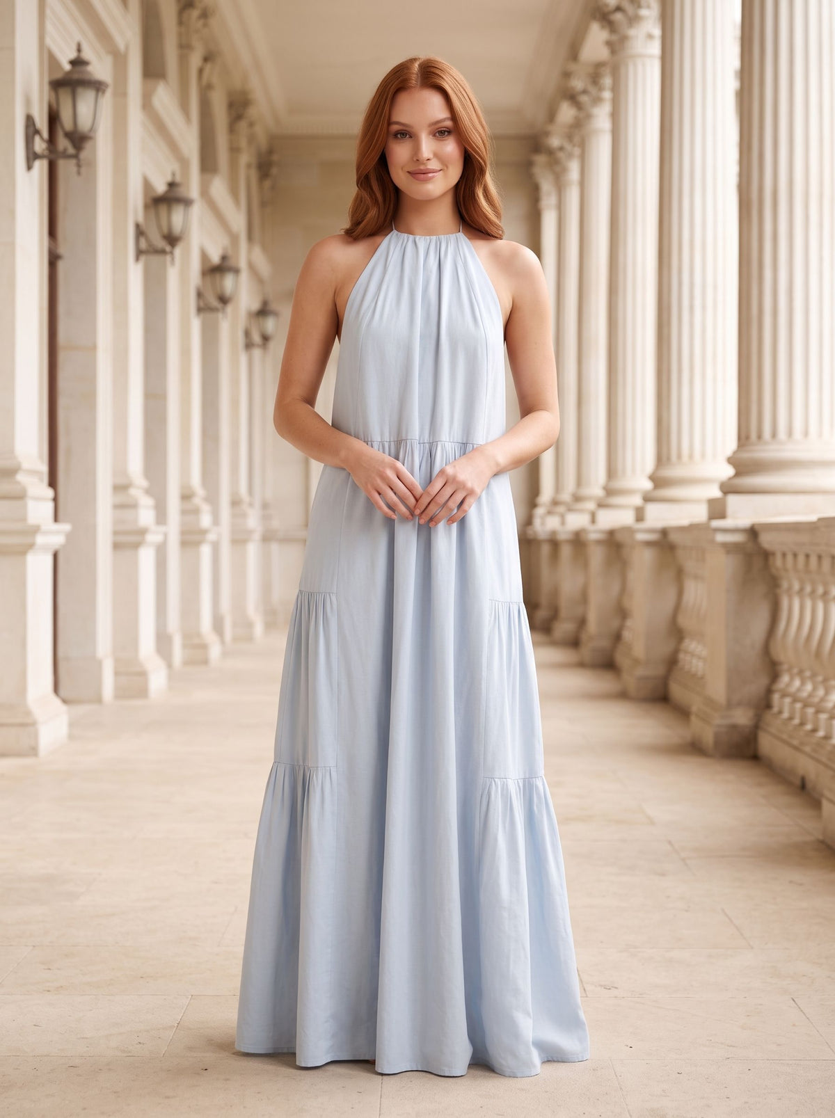 Mist Satin A-Line Halter neckline Backless Floor-Length Dress with Adjustable Tie - Curvevia