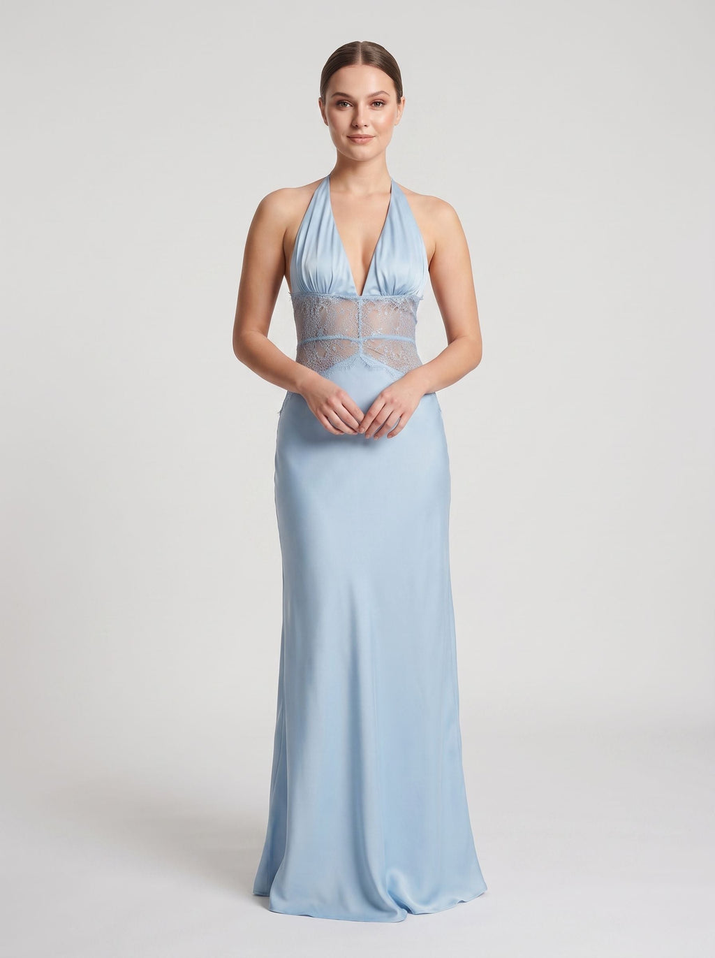 Sky Blue Satin Column Halter neckline Backless Floor-Length Dress with Lace - Curvevia