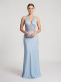 Sky Blue Satin Column Halter neckline Backless Floor-Length Dress with Lace - Curvevia