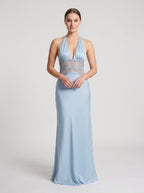 Sky Blue Satin Column Halter neckline Backless Floor-Length Dress with Lace - Curvevia