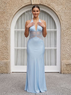 Sky Blue Satin Column Halter neckline Backless Floor-Length Dress with Lace - Curvevia