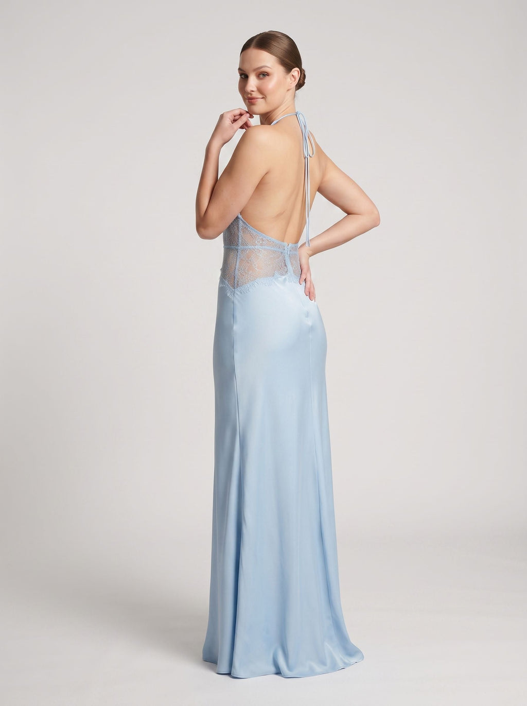 Sky Blue Satin Column Halter neckline Backless Floor-Length Dress with Lace - Curvevia