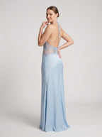 Sky Blue Satin Column Halter neckline Backless Floor-Length Dress with Lace - Curvevia