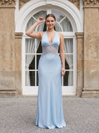 Sky Blue Satin Column Halter neckline Backless Floor-Length Dress with Lace - Curvevia