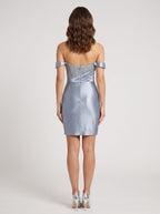 Dusty Blue Satin Sheath Off-the-Shoulder Corset Back Short Dress with Beading - Curvevia