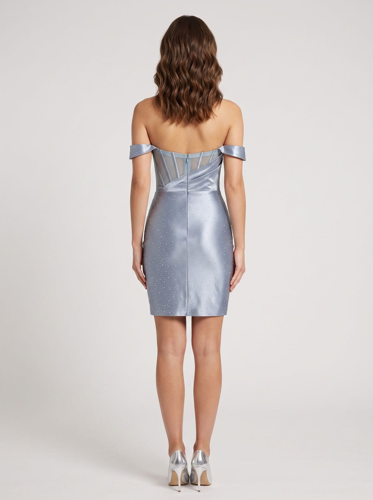 Dusty Blue Satin Sheath Off-the-Shoulder Corset Back Short Dress with Beading - Curvevia