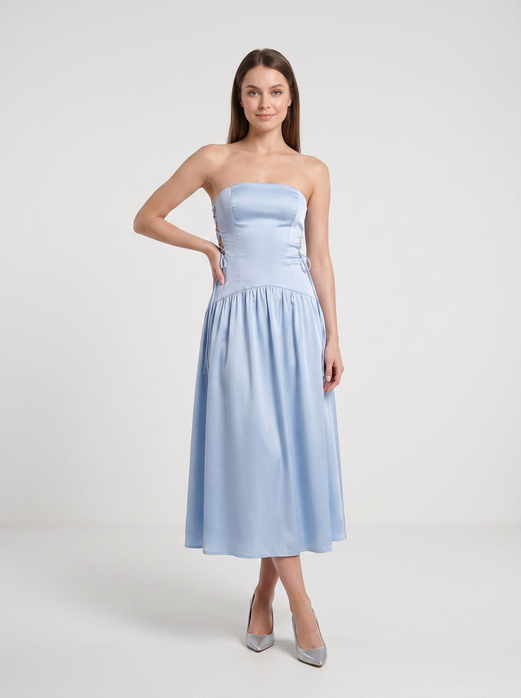 Sky Blue Satin A-Line Straight Neck Back Zip Floor-Length Dress with Side Tie-Up Detail - Curvevia