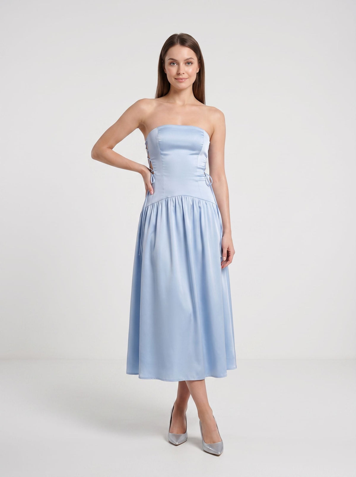 Sky Blue Satin A-Line Straight Neck Back Zip Floor-Length Dress with Side Tie-Up Detail - Curvevia