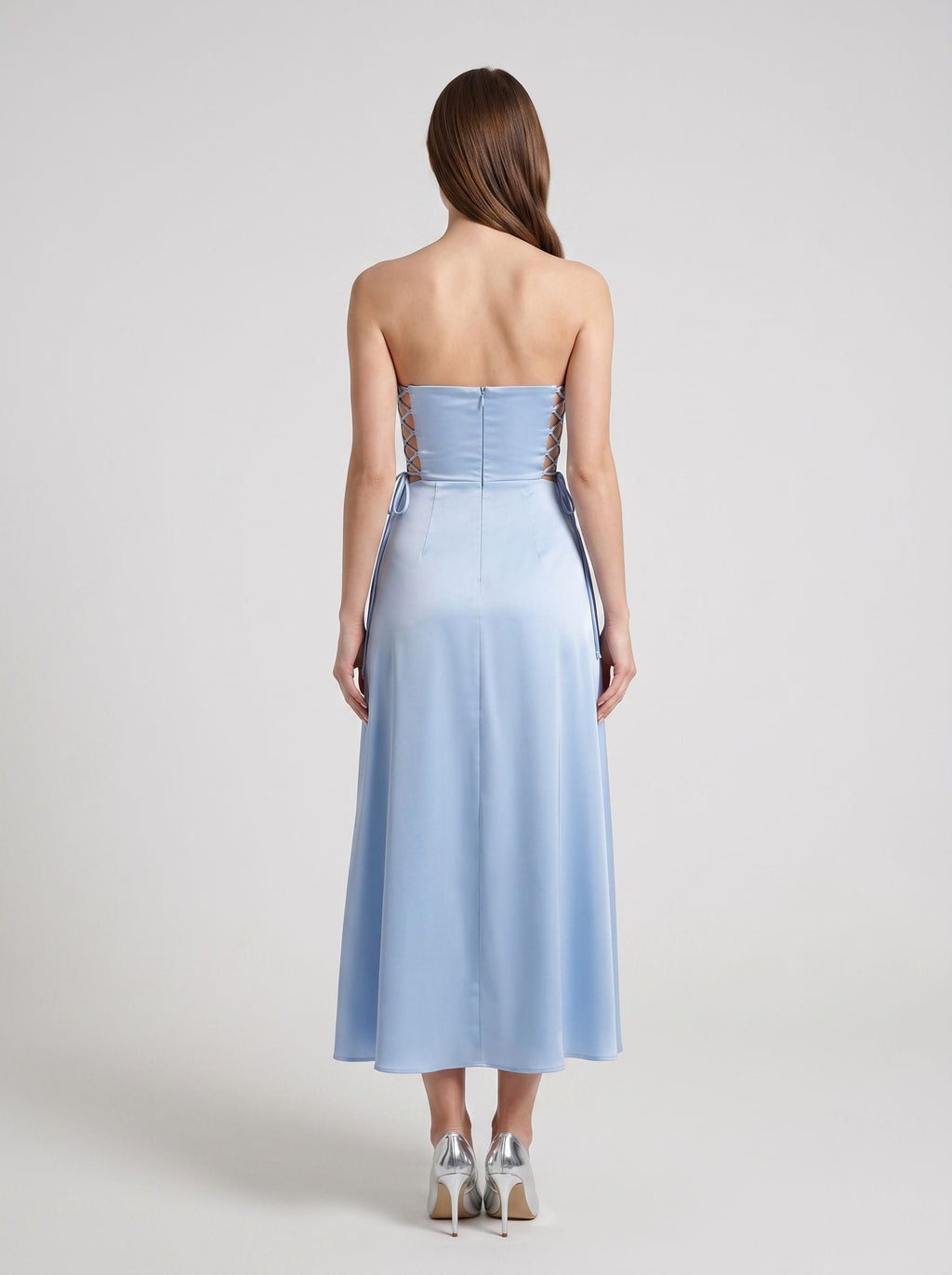 Sky Blue Satin A-Line Straight Neck Back Zip Floor-Length Dress with Side Tie-Up Detail - Curvevia