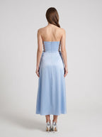 Sky Blue Satin A-Line Straight Neck Back Zip Floor-Length Dress with Side Tie-Up Detail - Curvevia