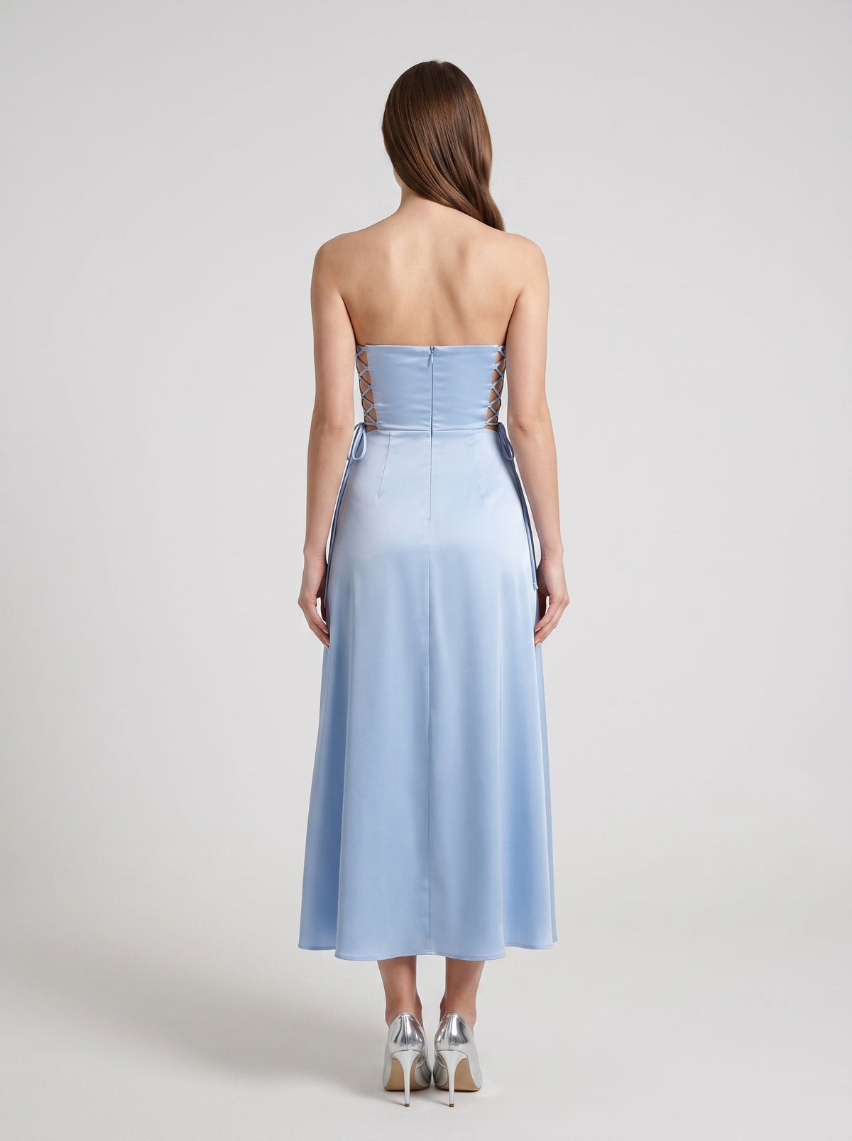 Sky Blue Satin A-Line Straight Neck Back Zip Floor-Length Dress with Side Tie-Up Detail - Curvevia