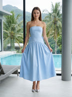Sky Blue Satin A-Line Straight Neck Back Zip Floor-Length Dress with Side Tie-Up Detail - Curvevia